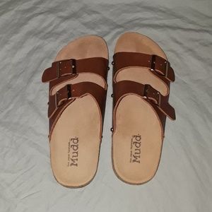 Mudd Brown Slip On Buckle Sandals